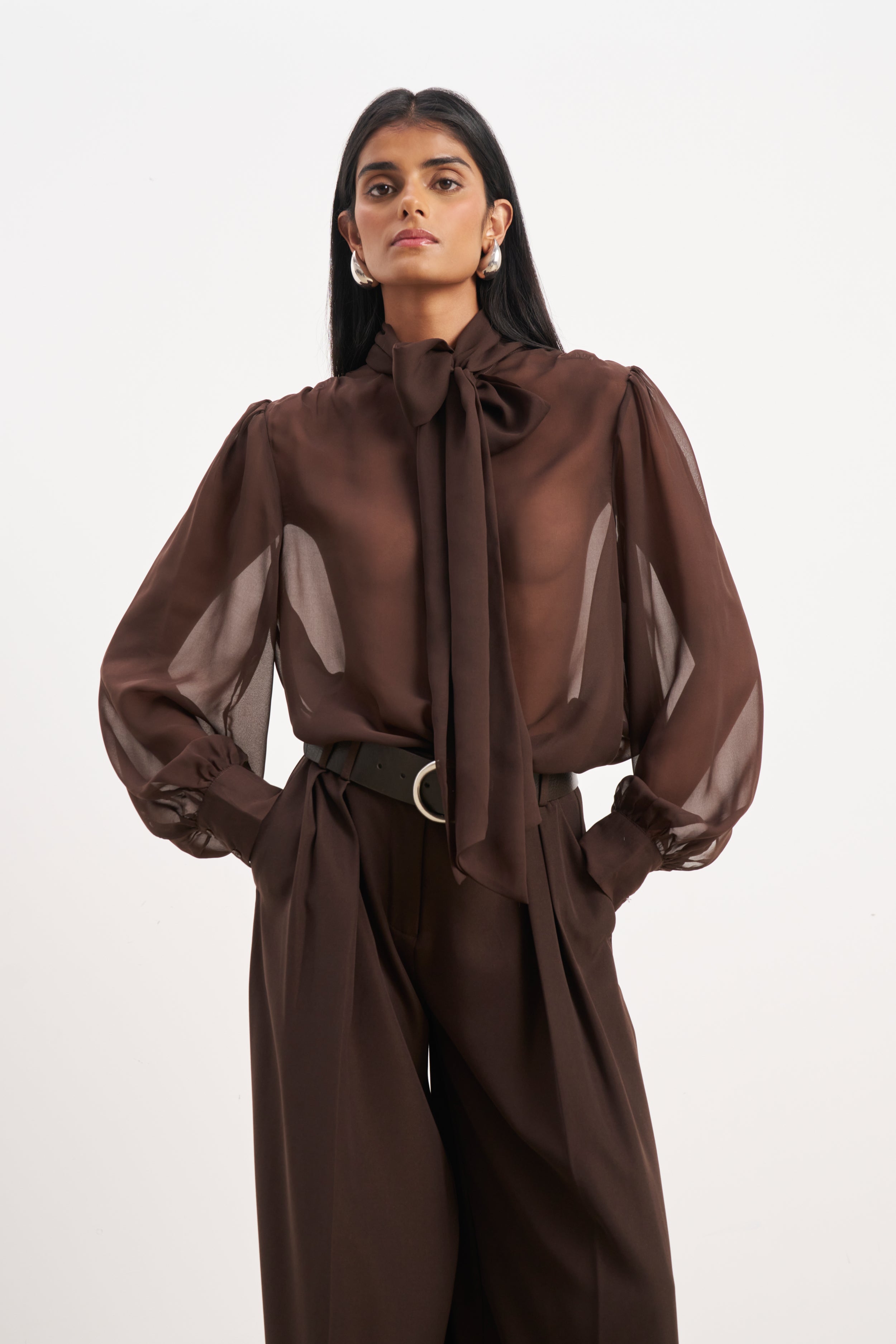 Sheer Chiffon Tie Neck Blouse - Carob | BOA EU
