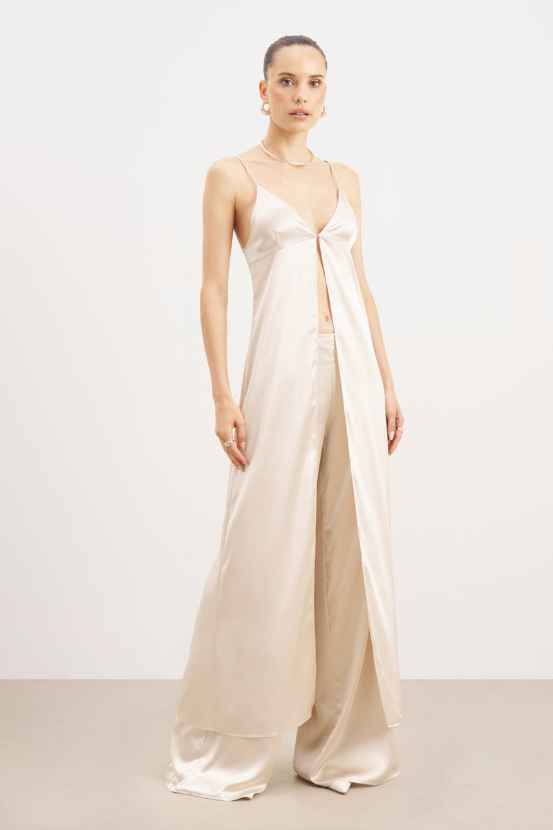 Satin V Neck Longline Camisole - Champagne