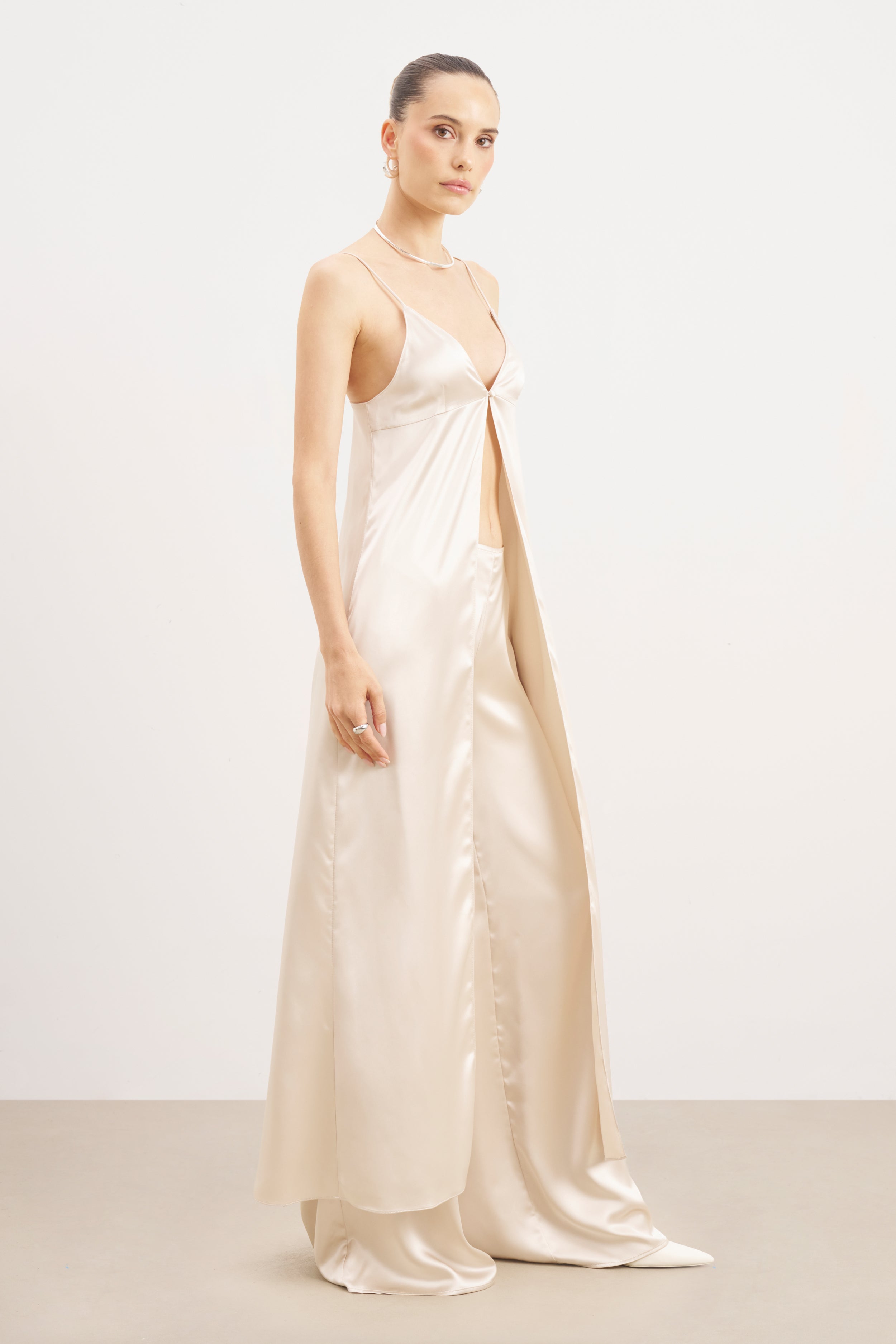 Satin V Neck Longline Camisole - Champagne