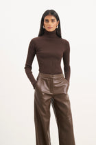 Tailored Leather Wide Leg Trousers - Carob