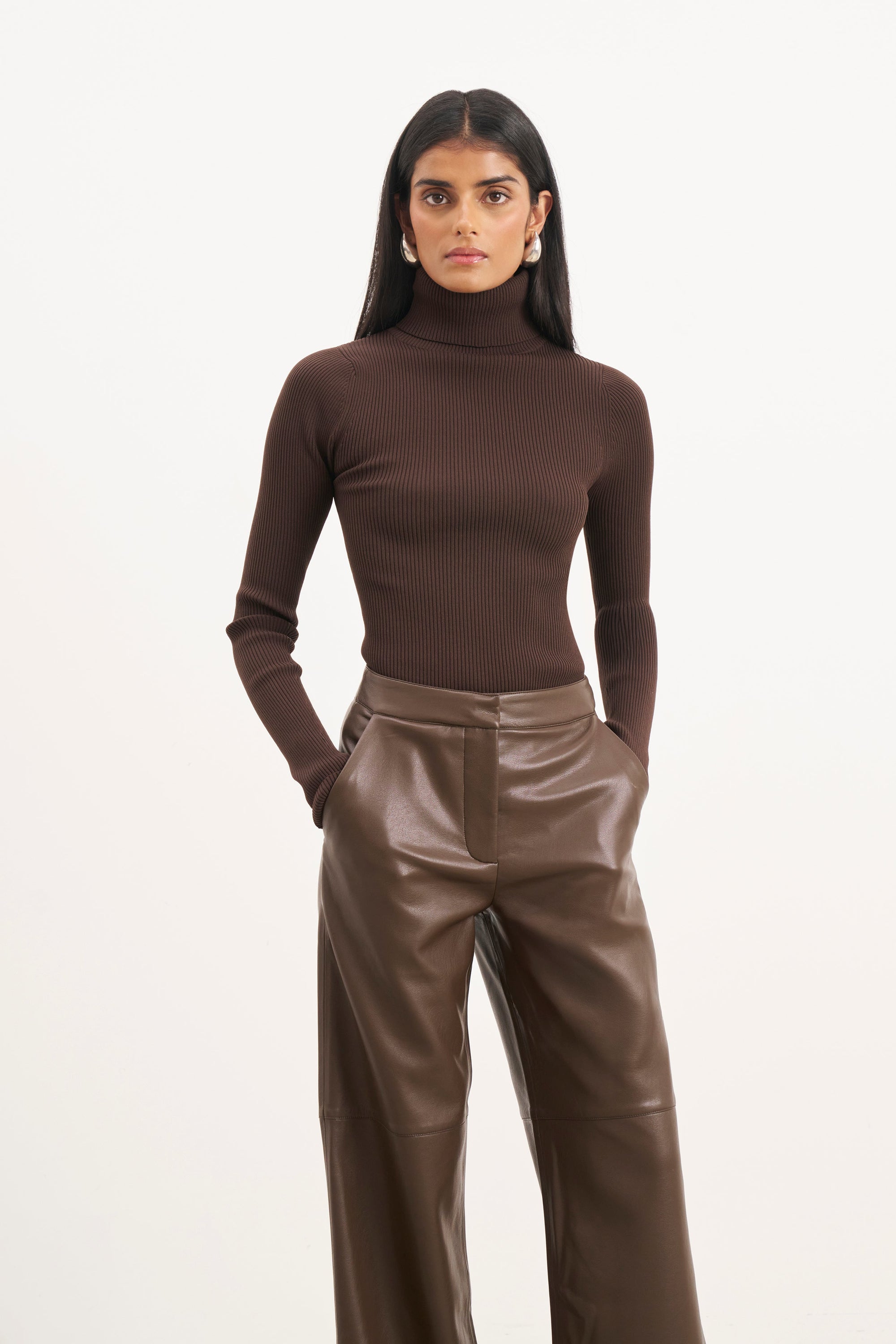 Tailored Leather Wide Leg Trousers - Carob
