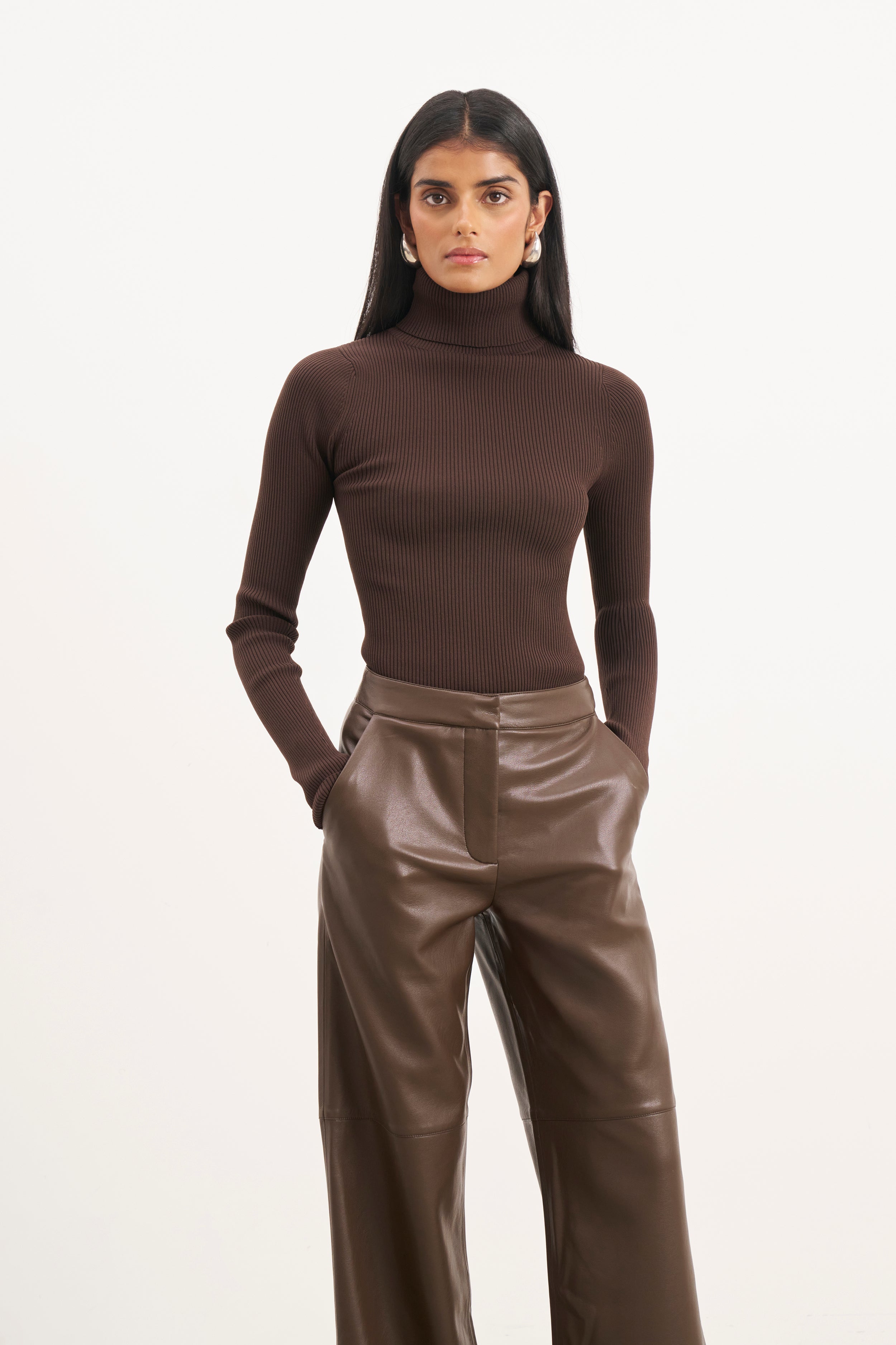 Tailored Leather Wide Leg Trousers - Carob