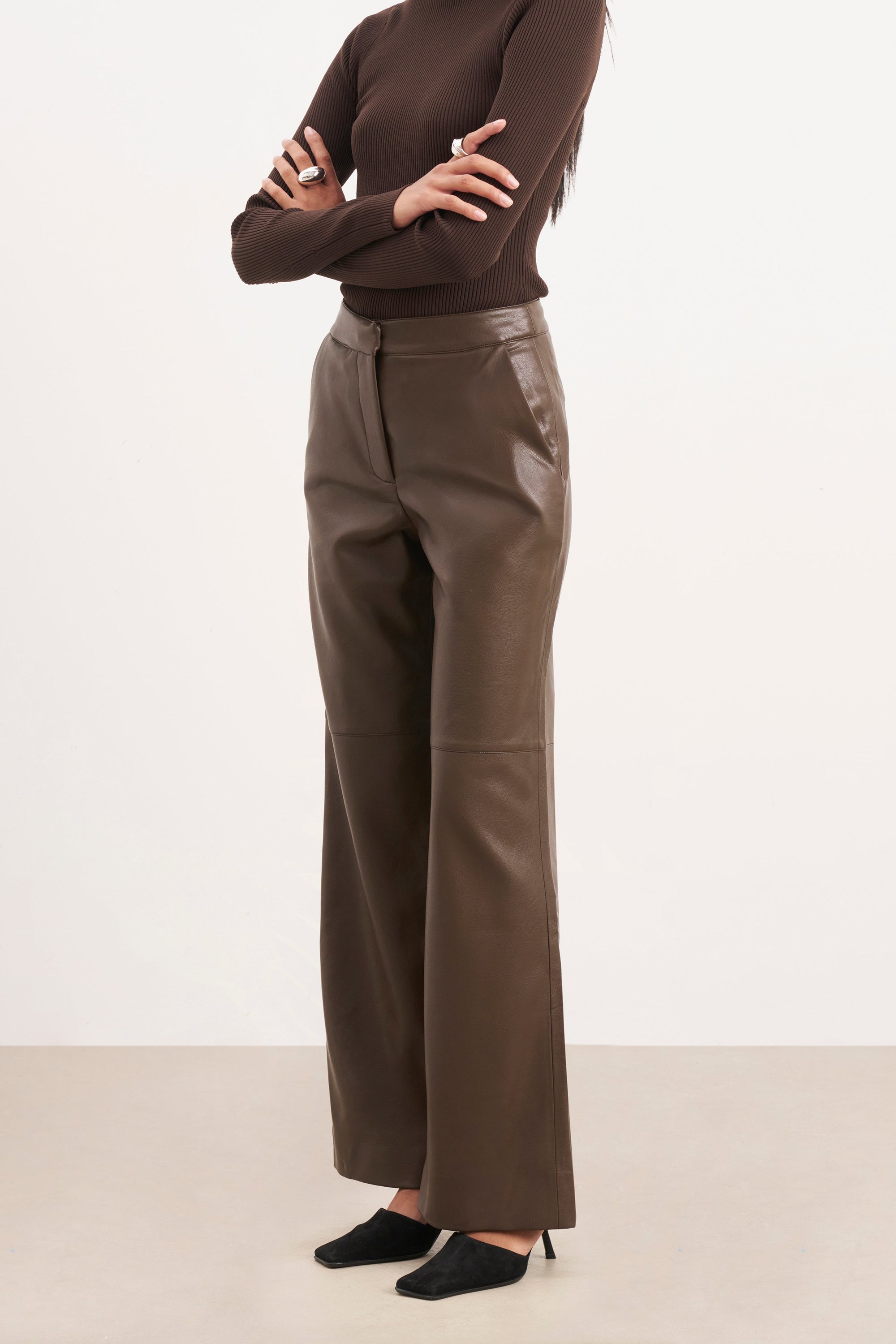 Tailored Leather Wide Leg Trousers - Carob