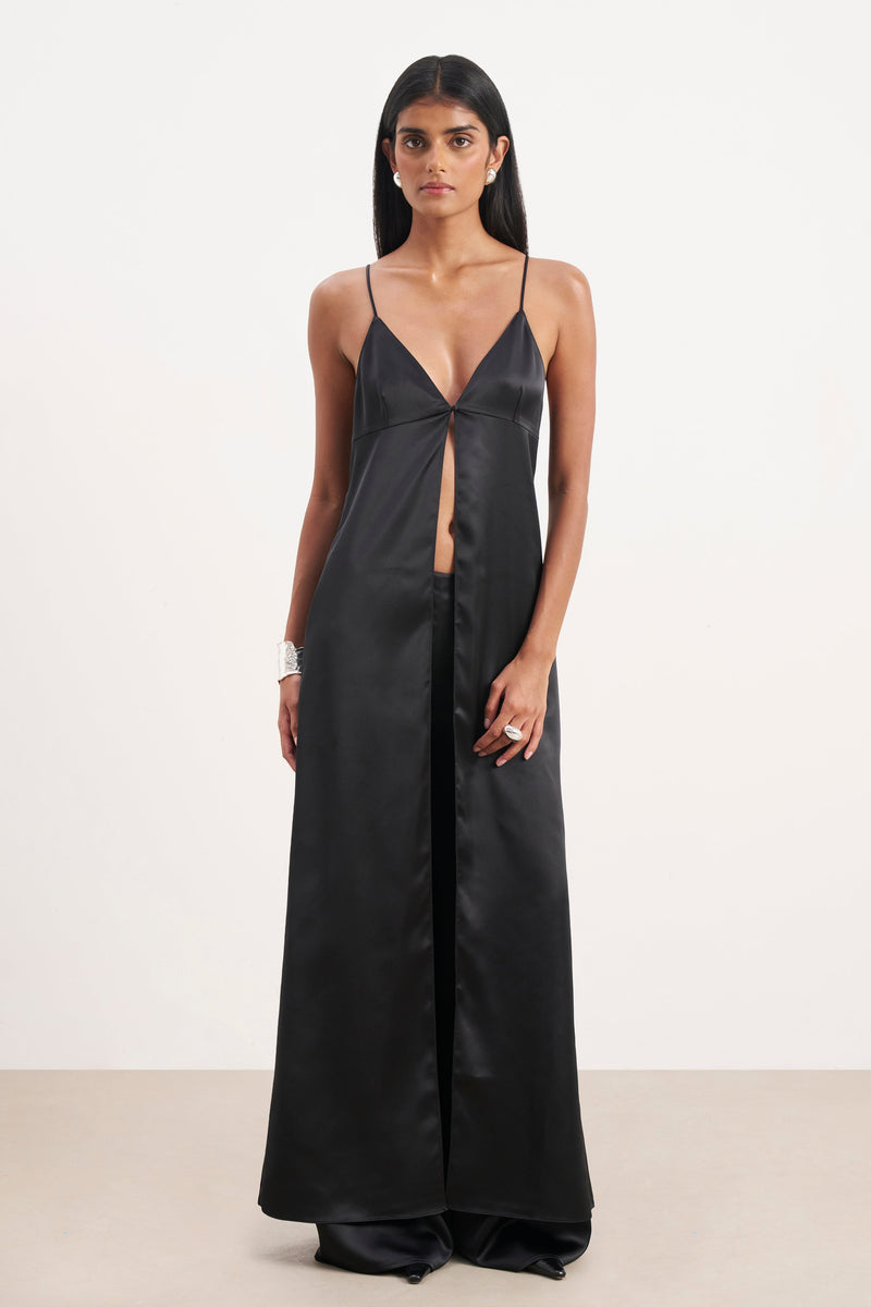 Satin V Neck Longline Camisole - Black