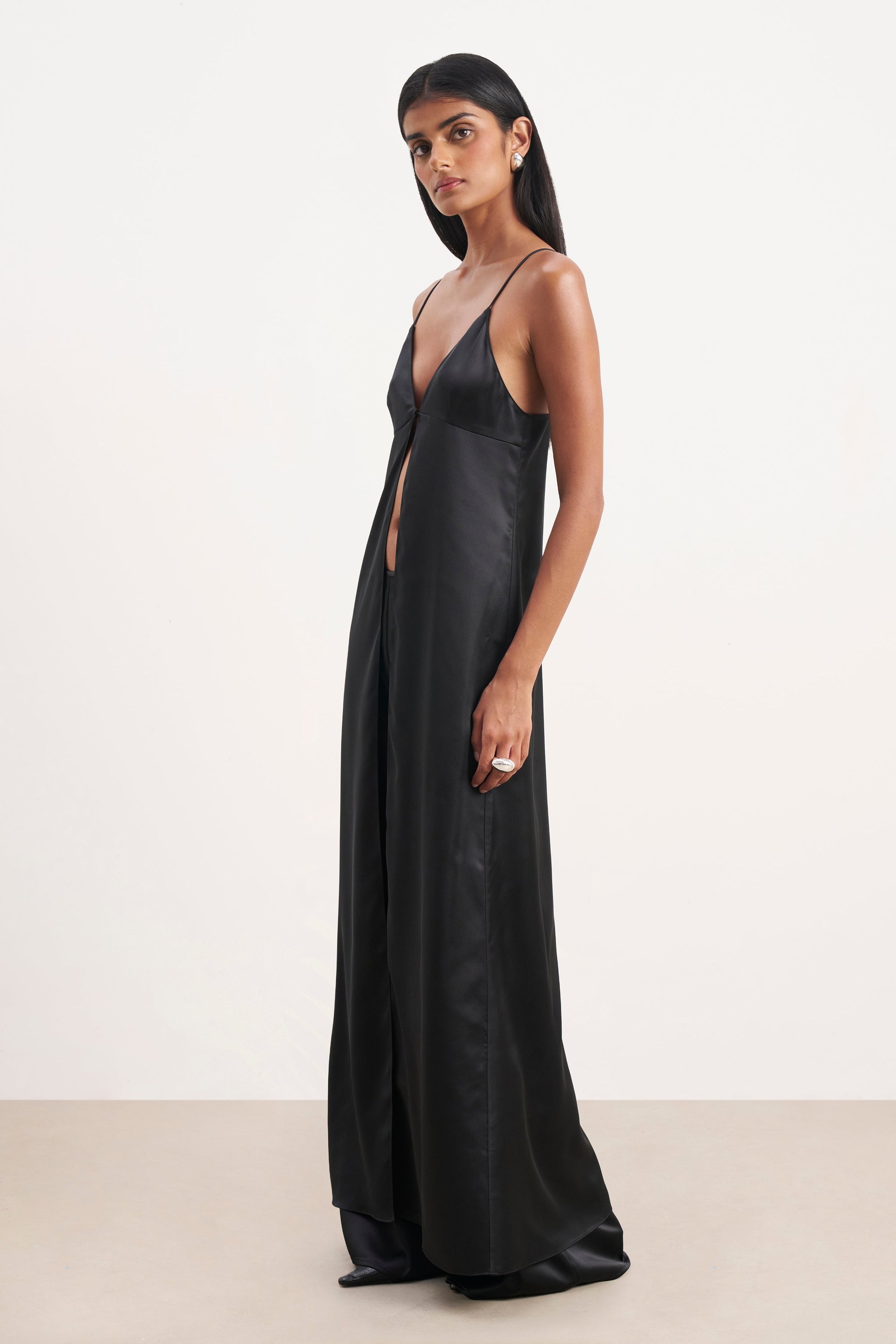 Satin V Neck Longline Camisole - Black
