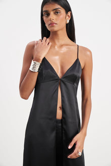 Satin V Neck Longline Camisole - Black