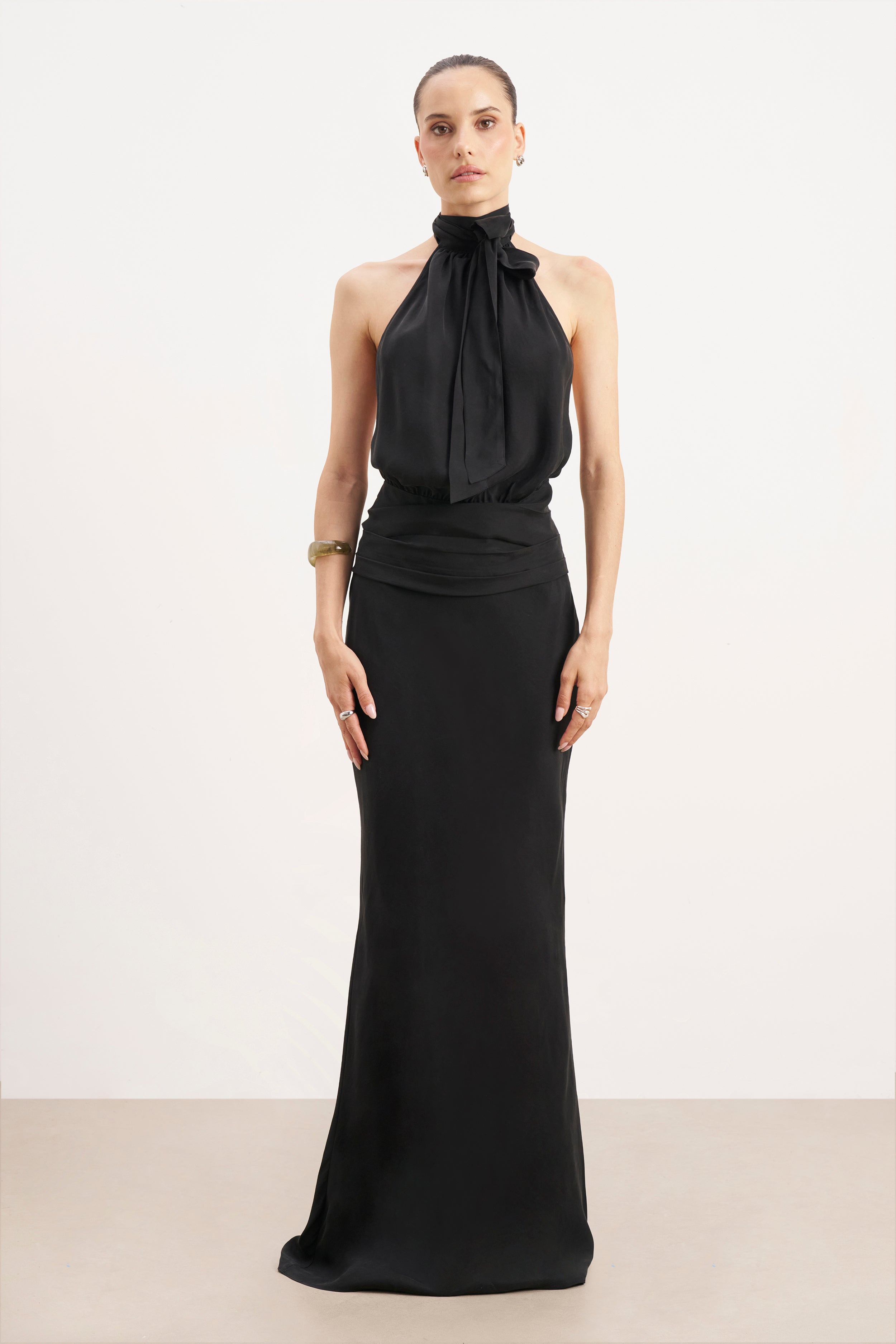 Cupro Backless Belted Halterneck Top - Black