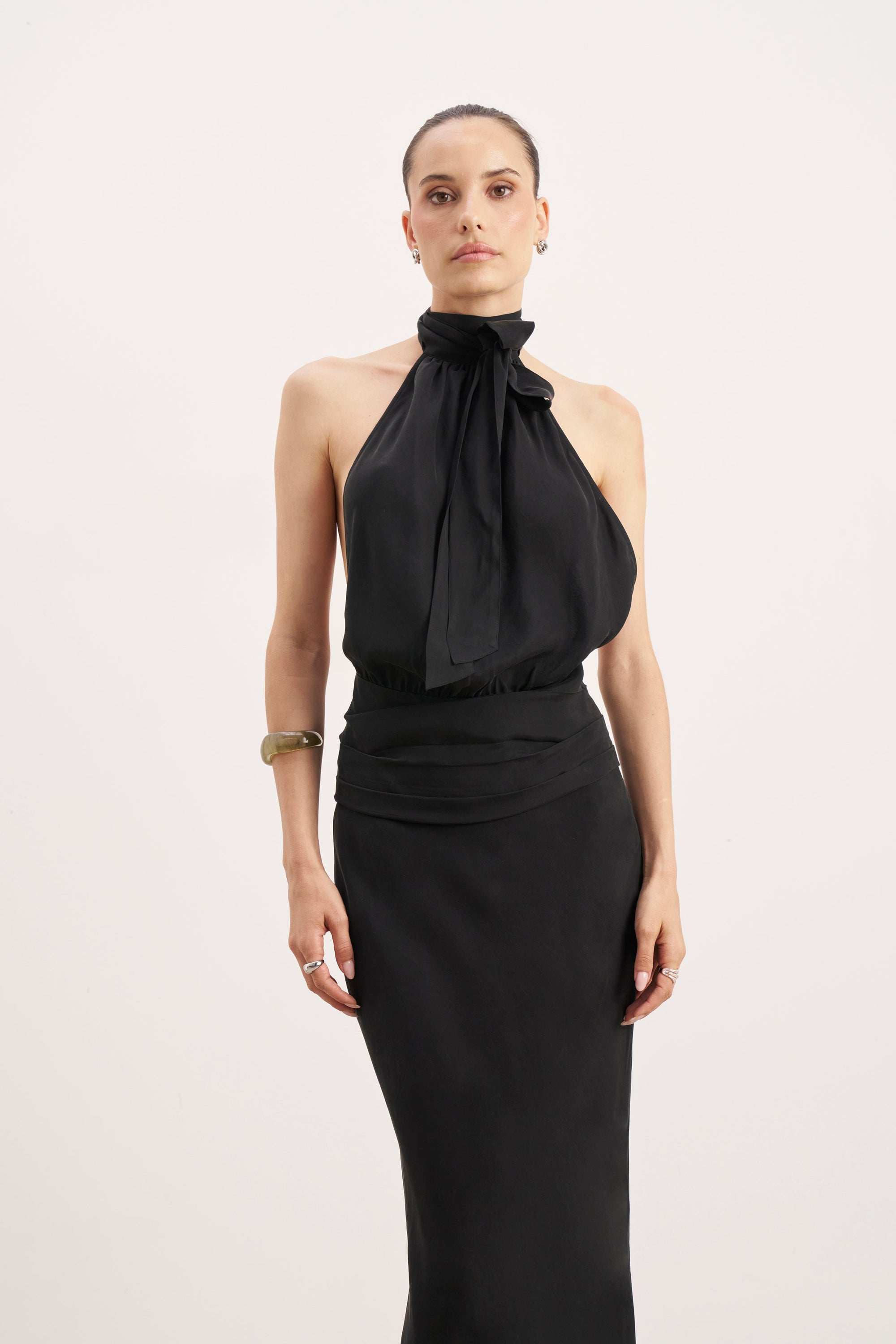 Cupro Backless Belted Halterneck Top - Black
