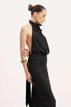 Cupro Backless Belted Halterneck Top - Black