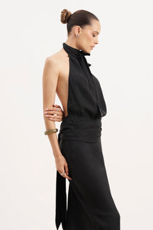 Cupro Backless Belted Halterneck Top - Black