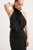Cupro Backless Belted Halterneck Top - Black