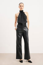 Cupro Backless Belted Halterneck Top - Black