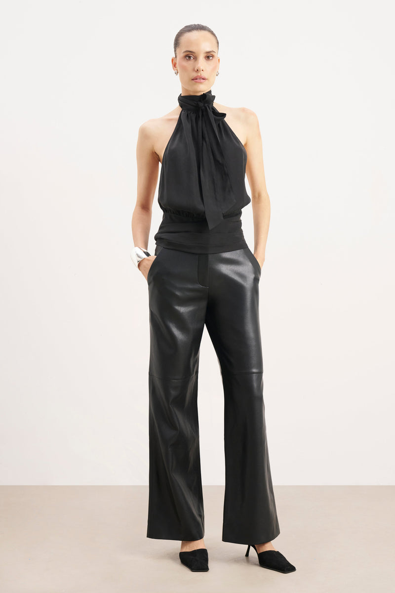 Cupro Backless Belted Halterneck Top - Black