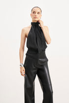 Cupro Backless Belted Halterneck Top - Black