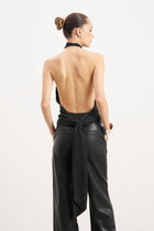 Cupro Backless Belted Halterneck Top - Black
