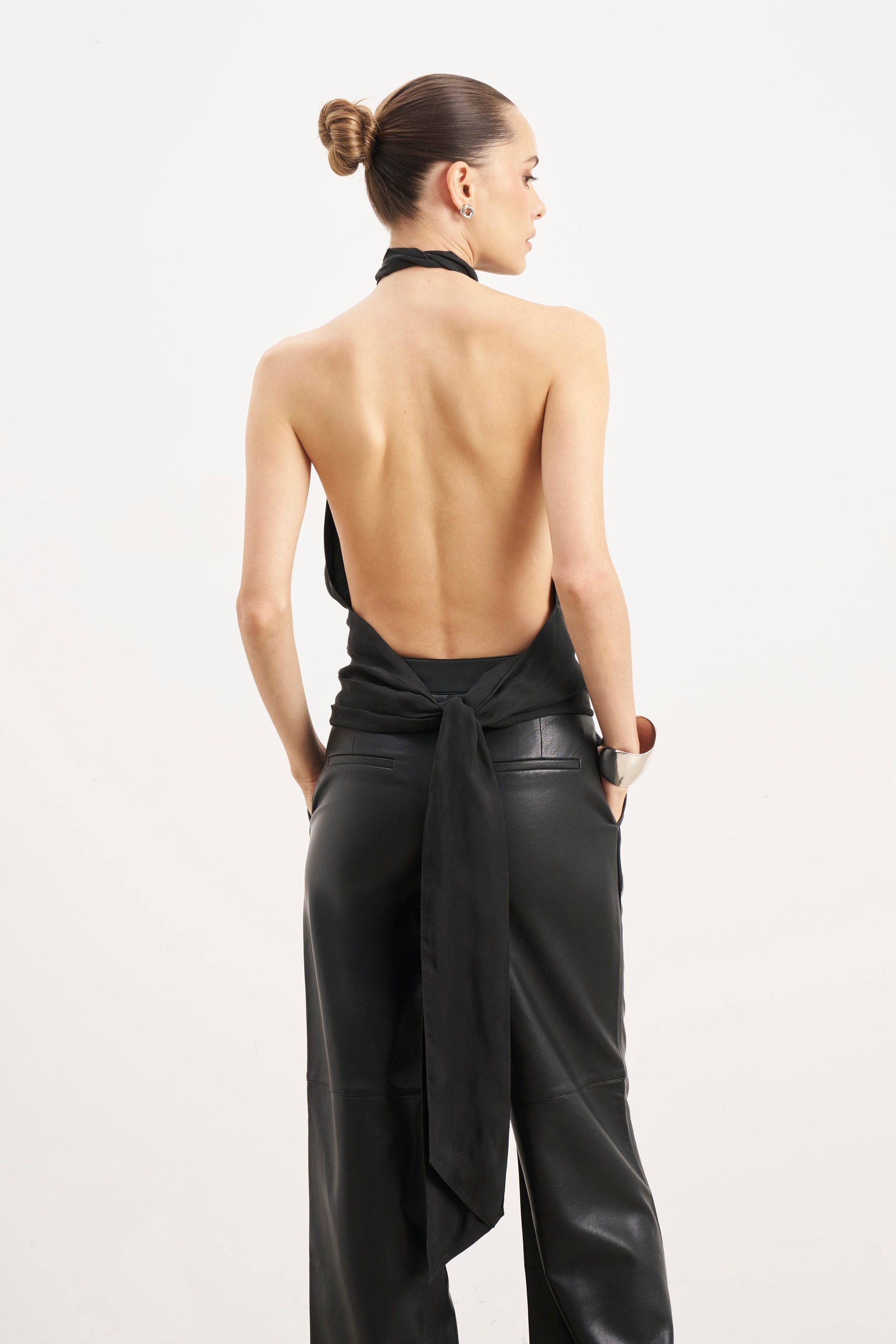 Cupro Backless Belted Halterneck Top - Black