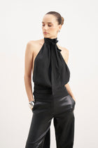 Cupro Backless Belted Halterneck Top - Black