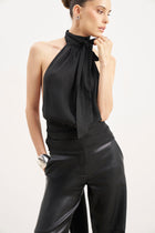 Cupro Backless Belted Halterneck Top - Black