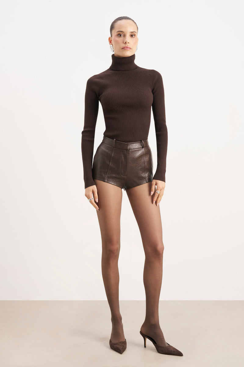 Tailored Leather Micro Shorts - Carob