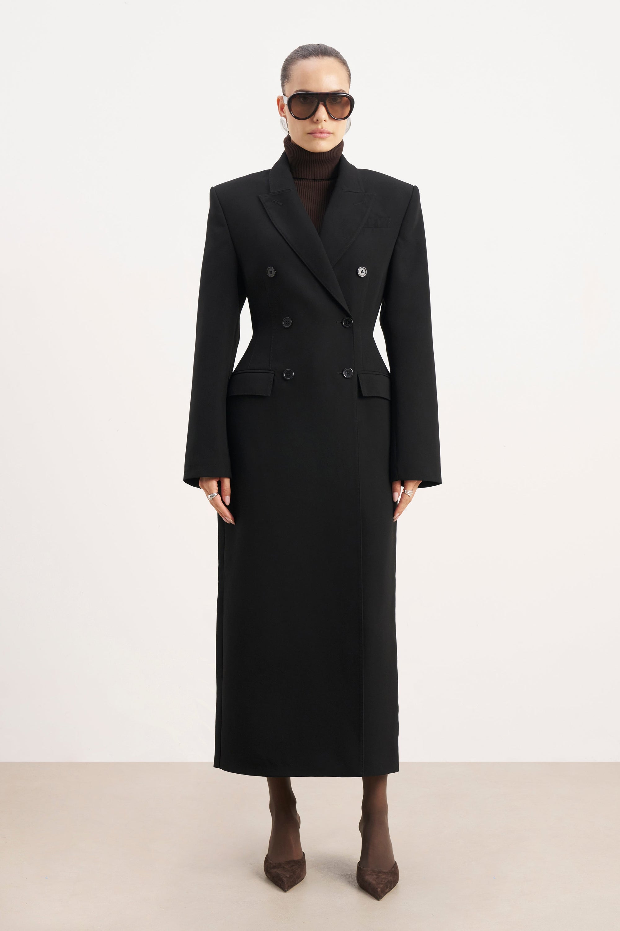 Structured Double Breasted Hourglass Coat - Black