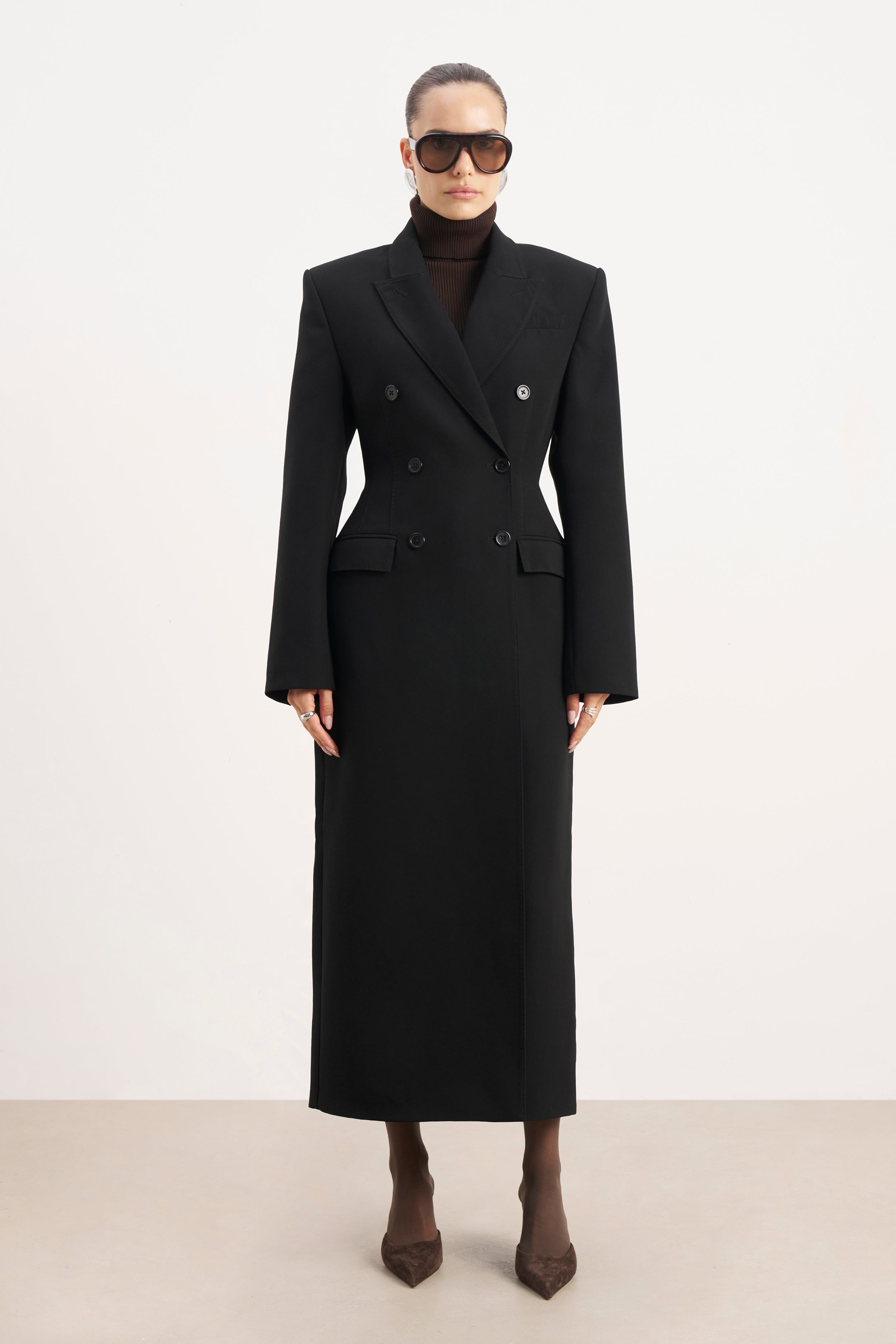 Structured Double Breasted Hourglass Coat - Black