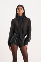 Sheer Chiffon Tie Neck Blouse - Black