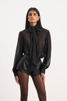 Sheer Chiffon Tie Neck Blouse - Black