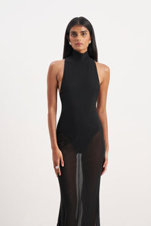 Sheer High Neck Racerback Gown - Black