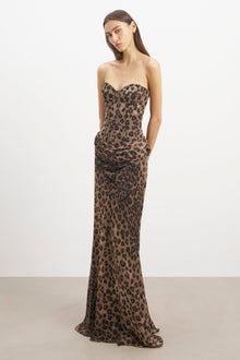 Corset Gown with Draped Hip - Leopard Print