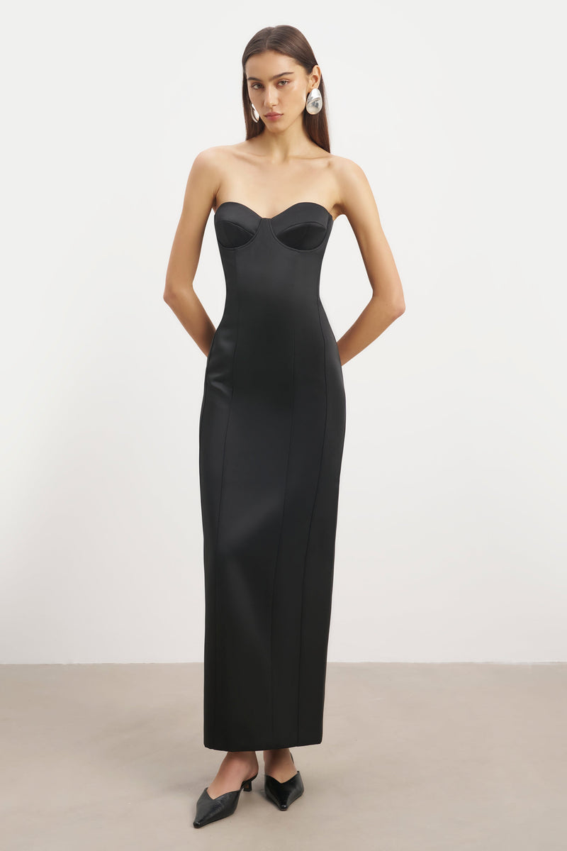 Satin Column Corset Maxi Dress - Black