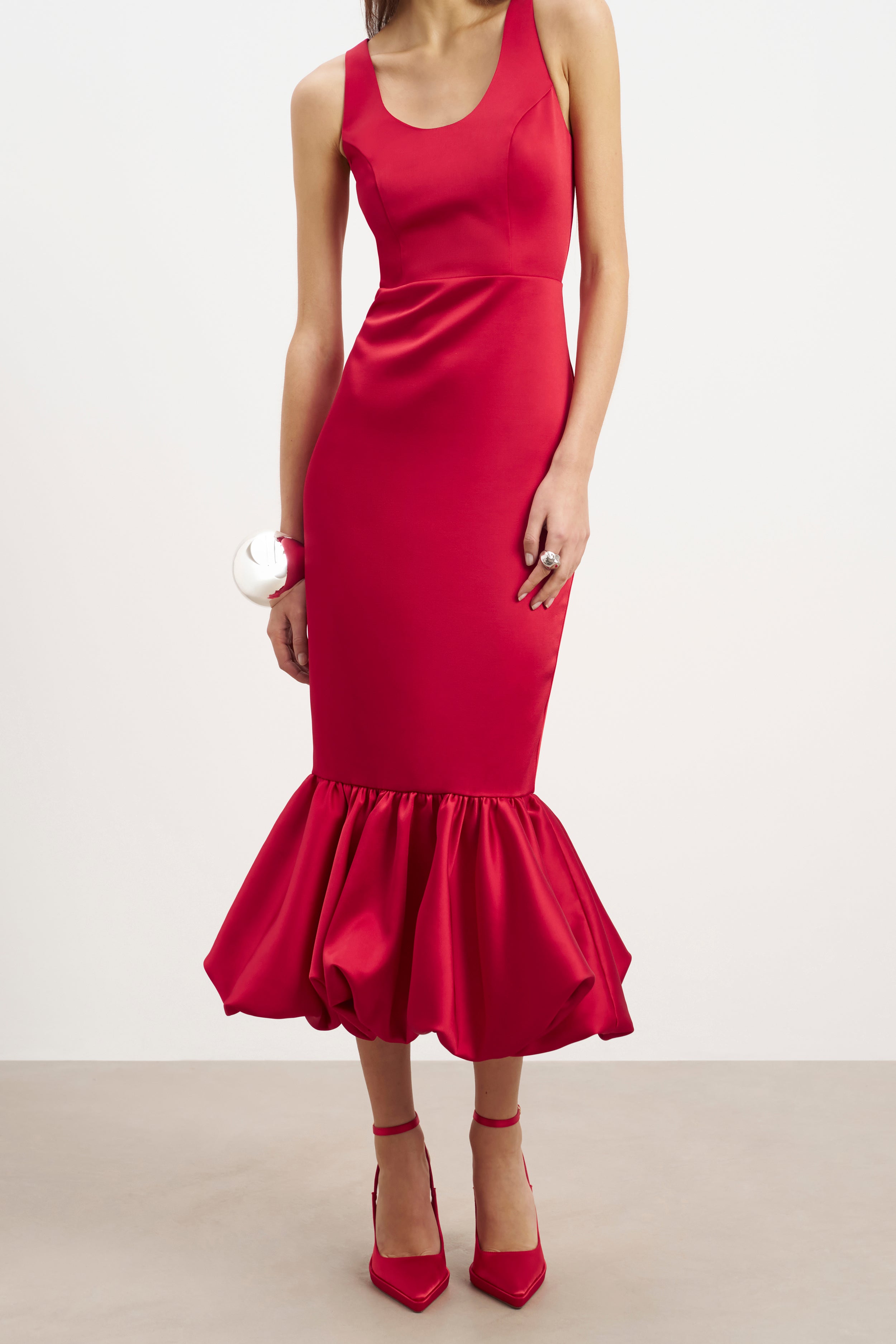 Satin Bubble Hem Midi Dress - Scarlet