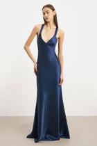 Crushed Satin Cross Back Gown - Navy