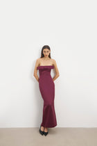 Satin Column Maxi Dress with Bow Detail - Mulberry