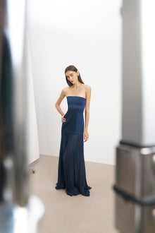 Satin Structured Bodice Gown - Navy