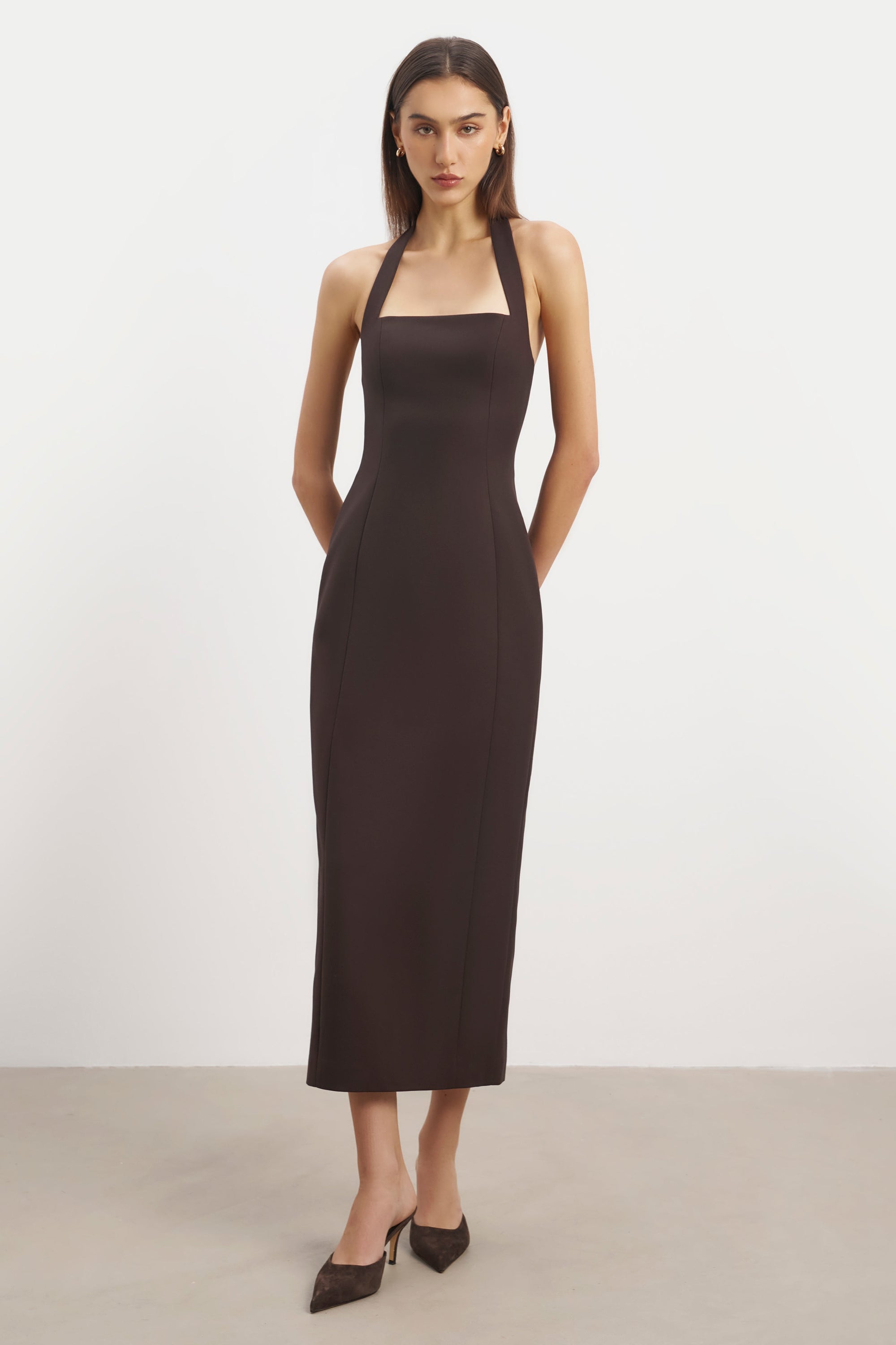 Tailored Halter Midi Dress - Carob