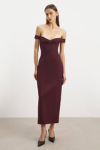 Tailored Ruched Bardot Midi Dress - Mulberry