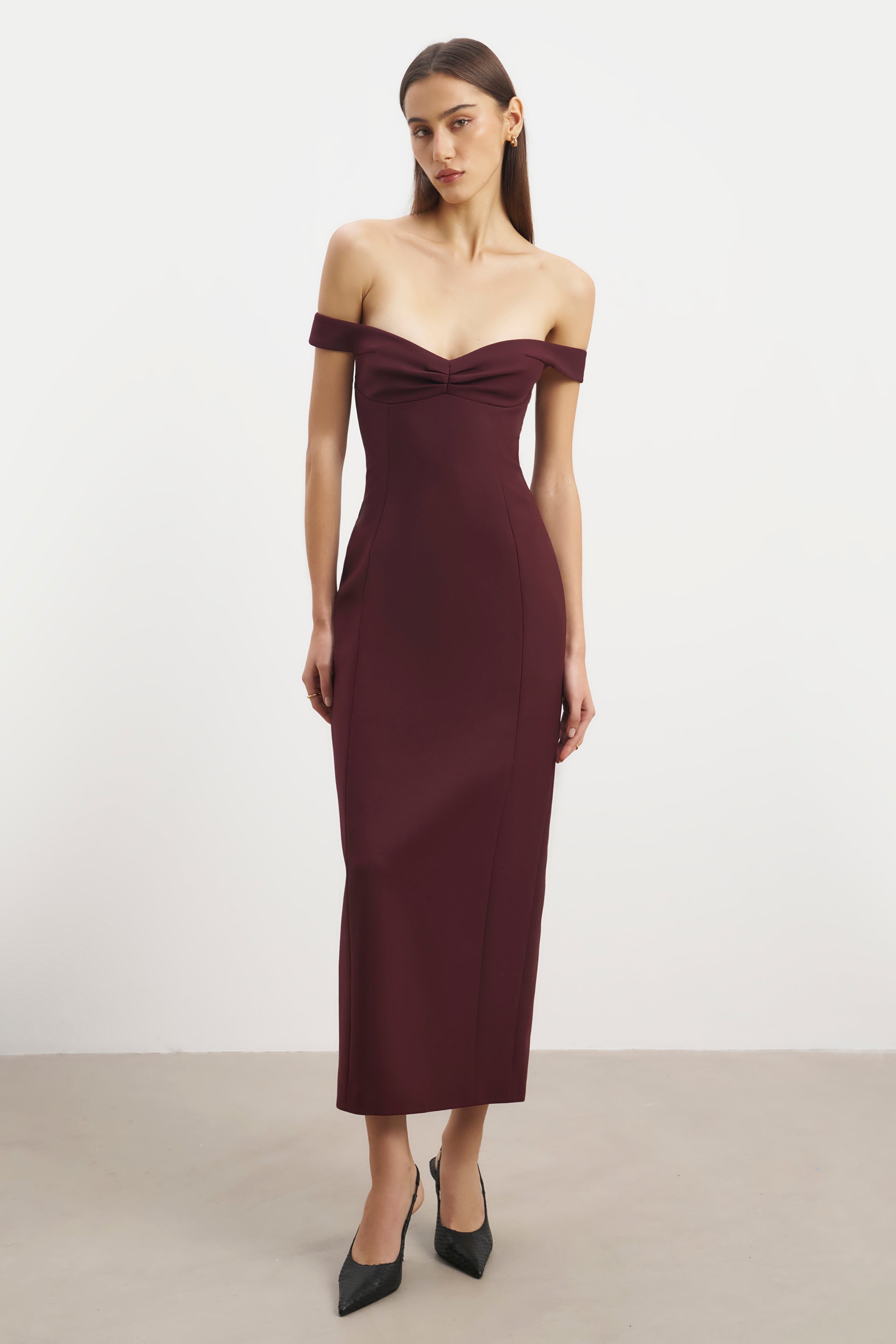 Tailored Ruched Bardot Midi Dress - Mulberry