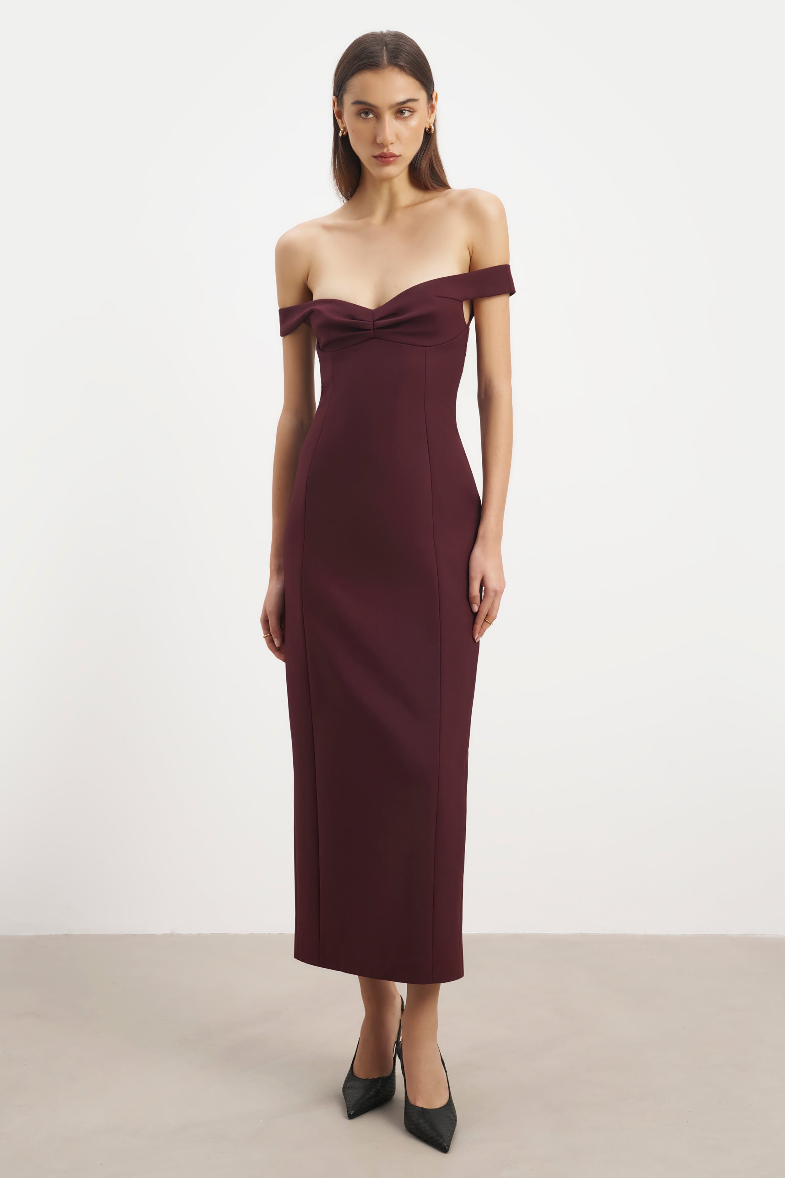 Tailored Ruched Bardot Midi Dress - Mulberry