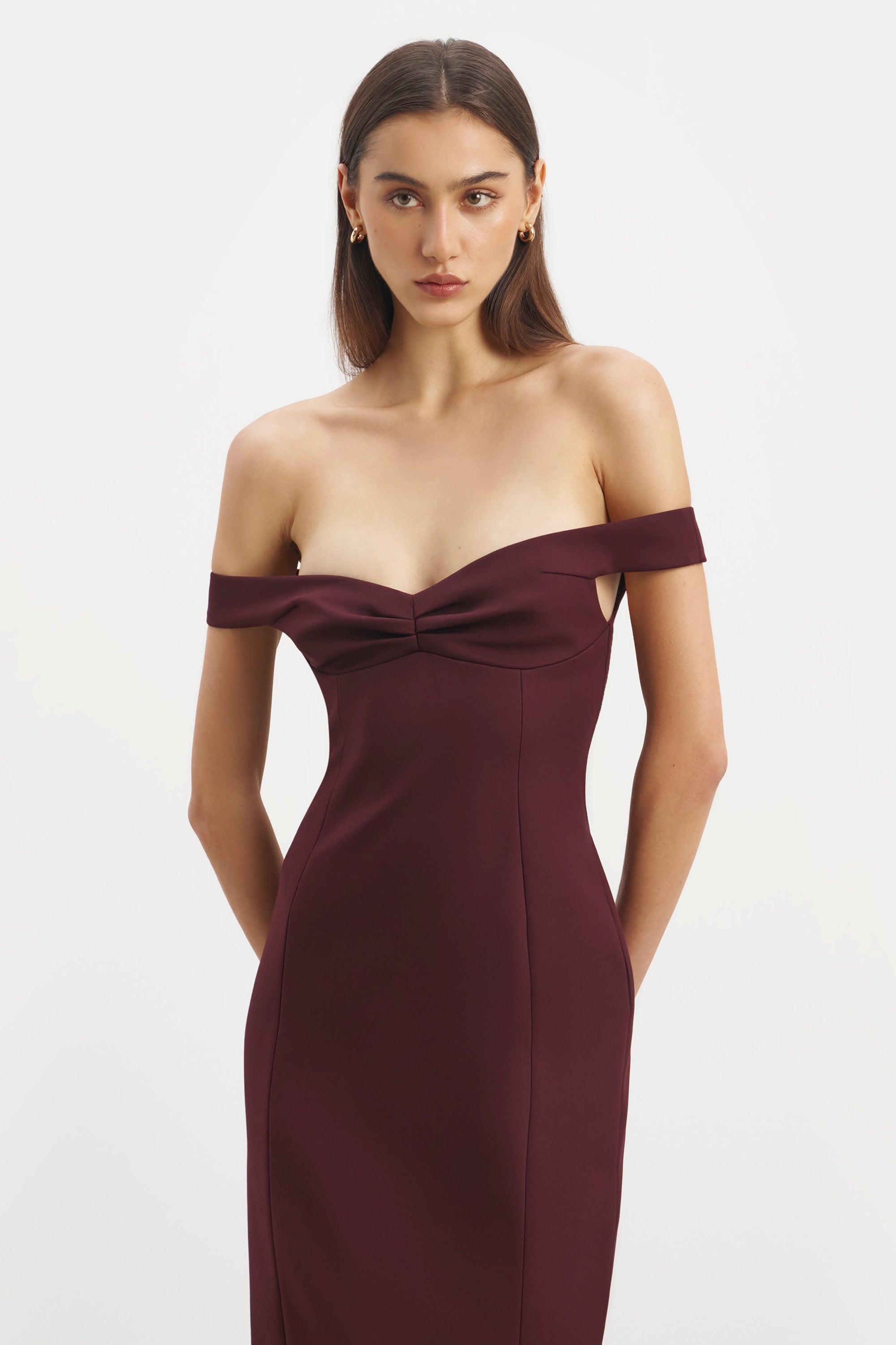 Tailored Ruched Bardot Midi Dress - Mulberry