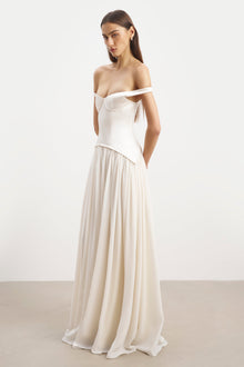 Satin Corset Off Shoulder Gown - Cream