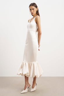 Satin Bubble Hem Midi Dress - Cream