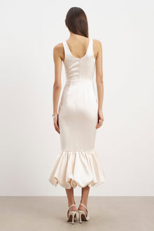 Satin Bubble Hem Midi Dress - Cream
