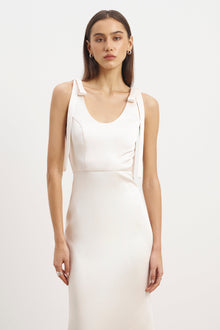 Satin Scoop Neck Gown with Bow Detail - Cream