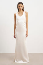 Satin Scoop Neck Gown with Bow Detail - Cream
