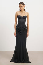 Satin Corset Gown with Draped Hip - Black
