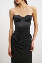Satin Corset Gown with Draped Hip - Black