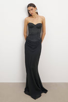 Satin Corset Gown with Draped Hip - Black