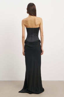 Satin Corset Gown with Draped Hip - Black