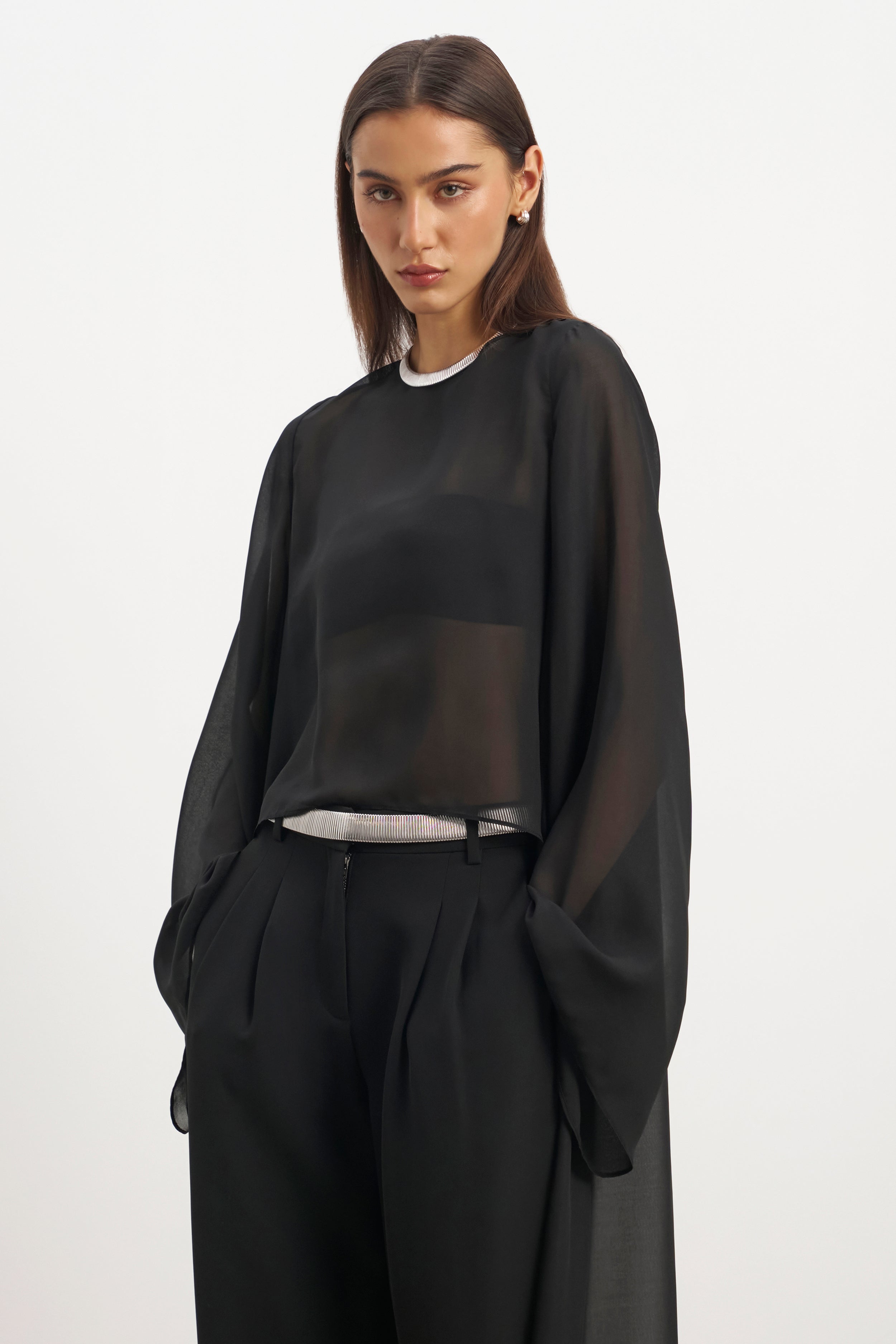 Sheer Chiffon Cape Blouse - Black