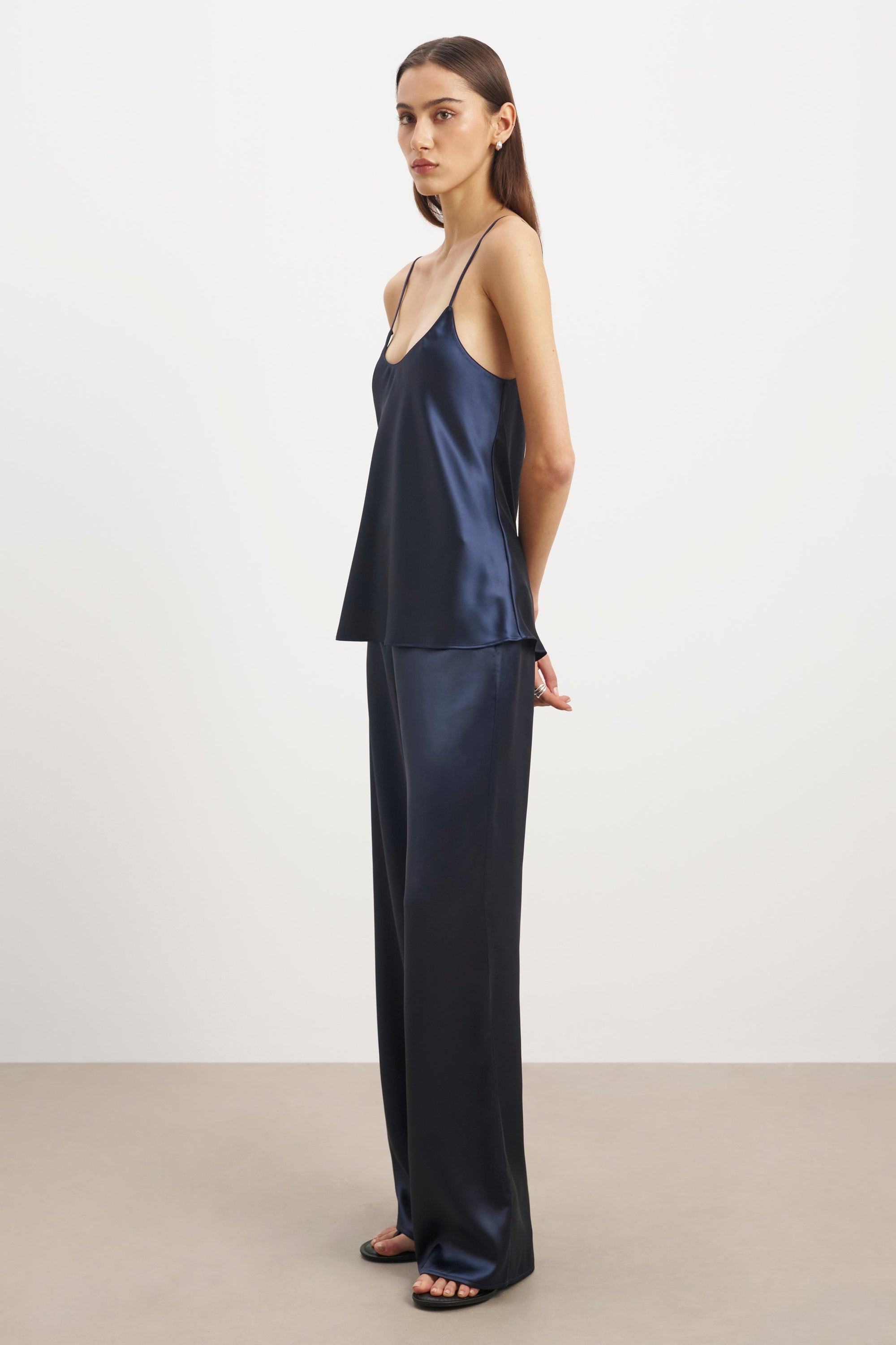 Formal Satin Straight Leg Trousers - Navy